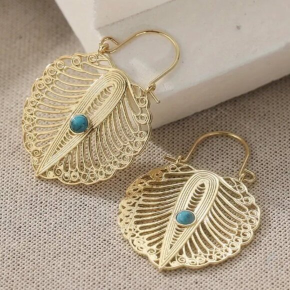 14k Gold Plated Leaf Turquoise Stone Earrings - Picture 3 of 7